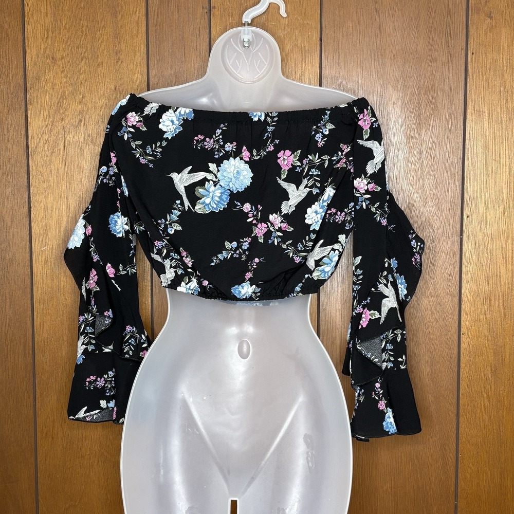 Y2K Festival Boho Off Shoulder Crop Top S Black Floral Ruffle Sleeves‎ Cottage
